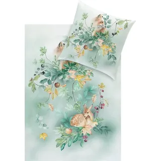 Estella Bettwäsche Bettwäsche "Ferdinand", Baumwolle, Kuschelflanell Motiv: Fuchs/Tiermotive: Kitz grün