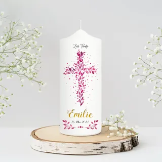 Wandtattoo Loft Taufkerze Mädchen personalisierte Patenkerze, Motiv mit Kreuz aus pinken Blättern, 18cm x 7cm, personalisierte Kerze, bedruckte Kerze Taufe, Geburtskerze, Stumpenkerze, Taufgeschenk