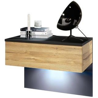 Vladon Nachttisch Sleep (Nachttischschrank, mit Schublade zur Wandmontage), Schwarz matt/Eiche Natur, inkl. LED-Beleuchtung (60 x 46 x 35 cm) braun