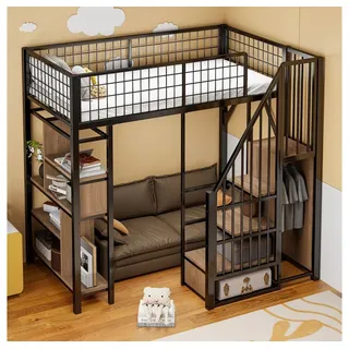 BBWL Metallbett Multifunktionales Hochbett 90x200 mit Stauraum Treppe Ablagen, platzsparend Kinderbett Jugendbett schwarz