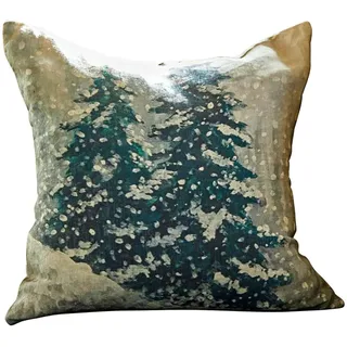 Loberon Kissenhülle Mierta, beige/grün | Weihnachten, Winter, Festtage, Baum, Schneeflocke, Naturreines Leinengewebe, Stimmungsvolles Winter-Motiv, Handgefertigt