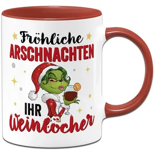 Tassenbrennerei Miss Grinch Tasse - Fröhliche Arschnachten, ihr Weinlöcher! - Weihnachtstasse für Frauen, Kaffeetasse mit Spruch lustig - Geschenk Weihnachten (Rot)