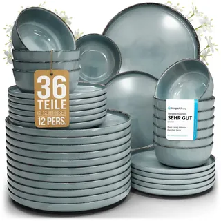 PURE LIVING INTERIOR DESIGN Steingut Geschirrset 12 Personen Rustic 36-tlg. blau/schwarz