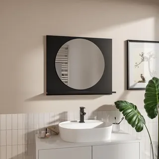 Runder Badspiegel mit Ablage 70x60 cm ⌀55 cm Schwarz – Badezimmerspiegel Wandspiegel - Schwarz