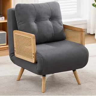 OKWISH Schlafsofa 3-in-1 Schlafsessel mit 5-fach verstellbarer Lehne, Grau, ausklappbar als Gästebett, 67,5x73x86,5cm 1 Teile, Leinenstoff, Rattan-Armlehnen & Massivholzbeine grau