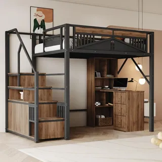 Merax Hochbett 140x200 cm mit Treppenstauraum und Schrank, Etagenbett Tragkraft 120 kg, Modernes Loftbett für Jugendliche & Erwachsene, Schwarz - Schwarz