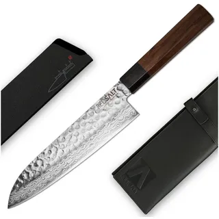 REDSALT® Damastmesser SANTOKU  18cm Profi Küchenmesser mit Ledertasche & Klingenschutz, handgefertigt, Made in Japan