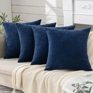 Bebusingoto Set Mit 4 Quadratischen Dekokissenbezügen Aus Ultraweichem Chenille Im Landhaus- Und Herbststil, Für Wohnzimmer Und Schlafzimmer, Marineblau, 45 X 45 Cm