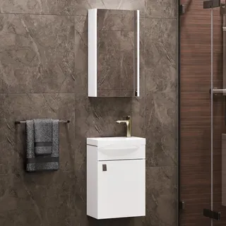Planetmöbel Badmöbel Set Waschtisch mit Unterschrank 40 x 60 x 29 cm mit Spiegelschrank 40 cm für Badezimmer, Gäste WC & Bad, Weiß