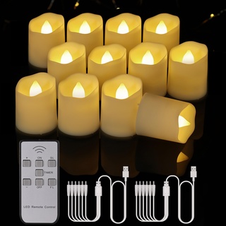 BOWKA Wiederaufladbare 12er LED Teelichter mit Fernbedienung Timer Flammenlose Flackernde Dimmbare Kerzen mit USB-kabel für Weihnachten Party Hochzeit Halloween Hause Kirche Outdoor Camping (Warmweiß)