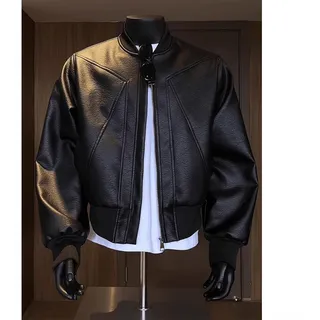 Herren-Bikerjacke aus Kunstleder, brauner Motorradmantel mit Stehkragen, lässige PU-Leder-Oberbekleidung für Frühling, Herbst, Winter, tägliches Büro, Verabredungen (M schwarz)