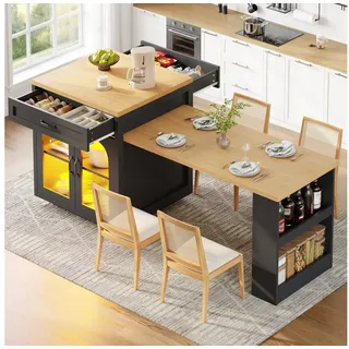 i@home Kücheninsel Ausziehbare Kücheninsel mit LED-Beleuchtung, (Moderner Küchenschrank mit 2 Schubladen), MDF-Küchenarbeitsplatte für Essbereich, Verstellbare Einlegeböden schwarz