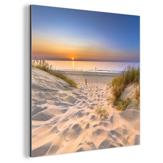 MuchoWow Metallbild Düne - Sonnenuntergang - Horizont - Strand - Gras, (1 St), Alu-Dibond-Druck, Gemälde aus Metall, Aluminium deko bunt Quadratisch - 20 cm x 20 cm x 0.4 cm