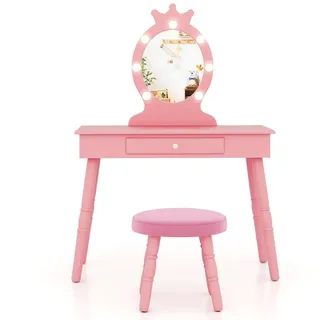 COSTWAY Schminktisch Kinderschminktisch mit Hocker, mit LED Beleuchtung rosa