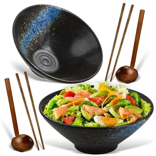 Mapille Ramen Schüssel Set, 2 Personen Keramik Suppenschalen 1000ml mit Essstäbchen und Löffel, Japanische Nudelschüssel Spülmaschinen Mikrowellen und Ofenfest für Suppe Pho Salat, Geschenkidee