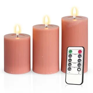Meisterhome® 3er-Set Flammenlose LED Kerzen - Altrosa - Ribble Design Stumpenkerze - mit Fernbedienung – mit Timer - Batteriebetrieben – Warmweiß - 10/12,5/15 cm hoch - mit flackernder Flamme