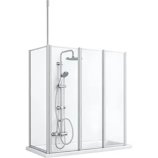 WELLTIME Badewannenaufsatz Summer 3-teilig + feste Seitewand, Einscheibensicherheitsglas, (4 tlg), Deckenhöhe bis 240cm geeignet, Glaswand bestehend aus vier Elementen silberfarben
