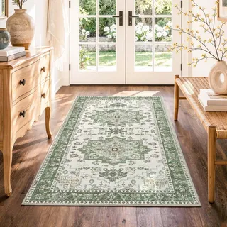 TOPICK Vintage waschbar Küchenteppich läufer Flur küchenläufer 80x150 Grün | orientalisch Teppichläufer brücken Teppich Läufer lang rutschfest cottagecore Flurteppich Eingangsbereich Kitchen Runner Rug