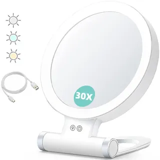 Beleuchteter Vergrößerungsspiegel, Doppelseitig, 30-fach/1-fach Vergrößernd, 3 Helligkeitsstufen, Faltbar, Mit Pinzette, Ideal Für Reisen.