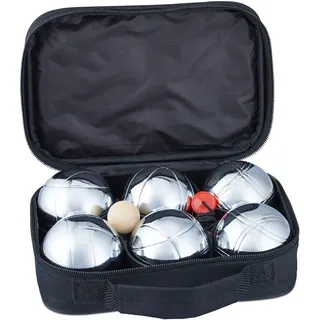 Relaxdays Boule Set Metall 6 Kugeln aus Zielkugel & Abstandsmesser, Petanque mit Tragetasche, silber/schwarz
