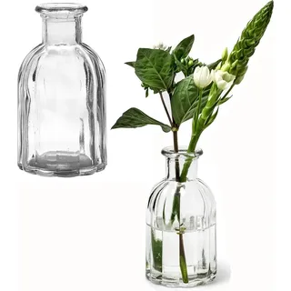 6 x Vasen aus Glas in geriffelter Optik H 13,5 cm Glasvasen Blumenvasen Väschen Glas Vasen Deko Vasen - Transparent