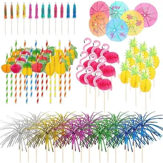 Cocktail Zubehör Set 120 Stück Wiederverwendbar Cocktail Party Deko Schirmchen Flamingo Ananas Pick Strohhalme Holz Sommer Party Trinken Dekorati...