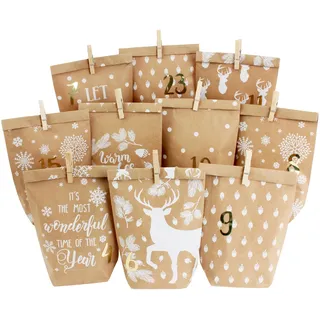 Papierdrachen Adventskalender 2025 zum Befüllen - 24 bedruckte Papiertüten mit Zahlenaufklebern & Klammern - Motiv Cozy Winter weiß - DIY - zum Basteln