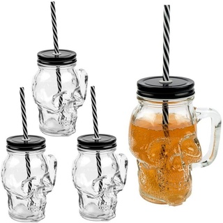 Sinoba Gläser-Set 3D Totenkopf Glas Trinkglas Set Trinkgläser mit Deckel und stabilem Strohhalm für Garten Party Halloween Sommer Grill Deko 450ml