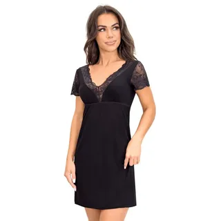 Donna Nachthemd Damen-Negligé Damen Sleepshirt mit Spitzen-Kurzarm schwarz 42/XL