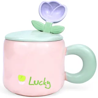 Disoza 450 ML Rosa Tulpe Tasse Kaffeetassen Set mit Untertasse Süße Geschenke für Frauen zum Geburtstag Tee Kaffee Becher Keramik Tasse Geburtstags Geschenk für Mädchen Mama Freundin