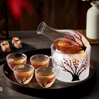 DUJUST Japanisches Sake-Set für 4, Handcrafted Pink Cherry Blossoms Design, 1 Sake-Flasche, 1 Sake-Behälter und 4 Sake-Becher, Sake-Karaffe kalt/warm/heiß, spezielles japanisches Geschenkset – 6 Stück
