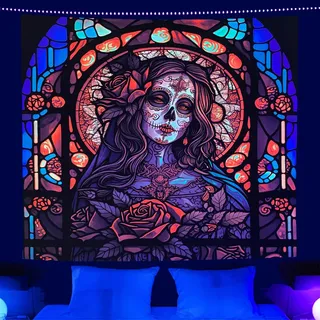 Dixutzi Blacklight Skull Tapisserie Wandbehang, UV-reaktiver Skelett-Wandteppich für Schlafzimmer, ästhetisch, Schwarzlicht-Poster für leuchtende Party-Hintergrund, Hippie-Dekor, Wohnzimmer (94 x 73,7