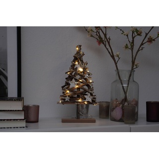Spetebo LED Dekolicht Holz LED Weihnachtsbaum 37 cm im Naturlook, 2, LED, warmweiß, Holz Deko Tannenbaum mit Sternen und Lametta braun