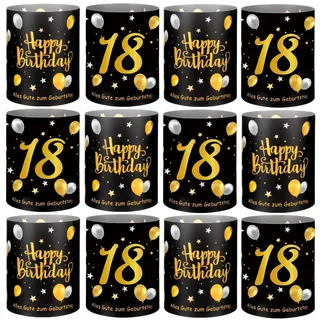 12 Stück Windlicht Tischdeko 60 Geburtstag Happy Birthday Tischdekoration Teelichter Oder Kerzen Deko Schwarz Gold für Männer Frauen (12, 18)