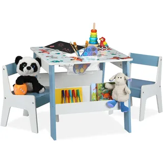 Relaxdays Kindersitzgruppe, Hunde-Motiv, Kindertisch Set, 2 Stühle, Kindersitzkombination, mit Stauraum & Tafel, bunt, Hellblau, Weiß, Schwarz