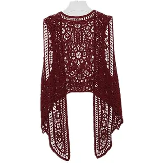 Berax Damen Bluse Lace Häkel Tops Weste Baumwolle Cardigan Hippie Häkeln Hohl Spitze Irregular Boho Weste Bluse (WineRed) - Einheitsgröße