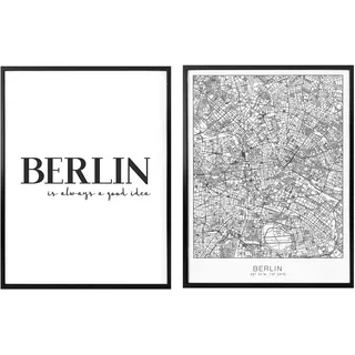 Poster WALL-ART "Berlin Stadtkarte Schriftzug Set" Bilder Gr. B/H: 50 cm x 60 cm, Blumen, 2 St., schwarz (weiß, schwarz, grau) Poster Collage mit Bilderrahmen
