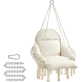 SONGMICS Hängesessel, Hängeschaukel, Hängestuhl, Dickes Kissen, skandinavischer Stil, für Wohnzimmer, Terrasse, Garten, Balkon, bis 120 kg belastbar, Zubehör inklusive, cremeweiß GDC042M01