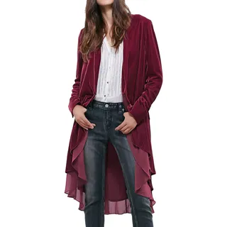 R.Vivimos Herbst Winter Damen Samt Rüschen Freizeitjacke Vintage Lang Mantel Langarm Kragenlos Schwalbenschwanz Blazer(XLarge,Maulbeere) - XL