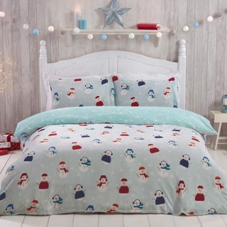 Sleepdown Jolly Schneemann Weihnachten Fleece Blau warm gemütlich super weich pflegeleicht Xmas Grau Sterne Wende-Bettwäsche-Set mit Kissenbezug – Einzelbett (135 x 200 cm)