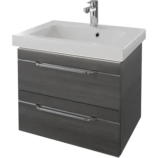 Pelipal Balto Komplett-Set Waschtischunterschrank mit Beleuchtung Mineralmarmorwaschtisch 644 x 460 mm - Graphit Struktur quer Nachbildung mit Chromleiste - SET-098-032