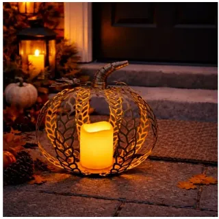 Online-Fuchs LED-Dekofigur Kürbis aus Metall mit LED-Kerze & Timer - Herbstdeko für draußen (6-Stunden Timerfunktion, 24 cm groß), filigran gearbeites Blatt und Stiel in goldenen Farben goldfarben