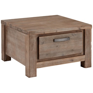 Ibbe Design Couchtisch Quadratisch Beistelltisch Natur Massiv Akazie Holz Braun Lackiert Tisch Alaska mit Schublade, L70x B70x H45 cm