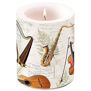 Ambiente - Luxury Paper Products Stumpenkerze Music 12cm Kerze Lampionkerze Deko Home Musik Instrumente Geige Gitarre Harfe Saxophon Trompete Frühling Sommer Weiß Creme Gold Braun Schwarz