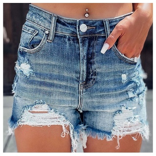 RUZU UG Dehnbund-Jeans Jeansshorts Sommer sexy Hottie zerrissene hoch taillierte Frauen XL