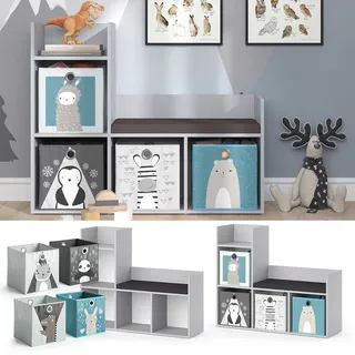 Vicco Bank-Regal Bücherregal Kinderregal Luigi Hellgrau 107x89 cm modern Faltbox Sitzbank Kinderzimmer Regal Wandregal Spielzeugregal Dekoregal Standregal Aufbewahrung Würfelregal Regal-Bank-Kombi