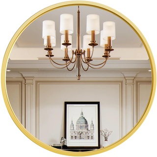 G-LEAF 60 cm Runder Spiegel, Runder Wandspiegel für Badezimmer, Eingangsbereich, Wohnzimmer, Gold Metallrahmen für Heimdekoration