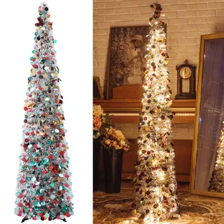 Künstlicher Pop-Up-Weihnachtsbaum mit 100 LED-Lichtern, zusammenklappbarer Bleistift, Weihnachtsbäume für Urlaub, Karneval, Party, Weihnachtsdekorationen (bunt-weiß)