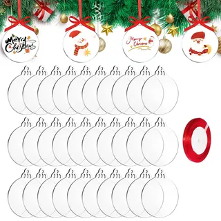 TAIANJI 50 Stück Acrylscheibe Weihnachtskugel Acrylscheibe, 10 cm Deko Anhänger Christmas, Acryl Weihnachtskugeln mit Rotem Seil, Durchsichtig Runde Anhänger für Ornaments DIY Kit