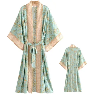 Damen-Kimono-Bademantel, langer Satin-Bademantel mit Blumenmuster und V-Ausschnitt, mit Band und weiten Ärmeln, glatter, hautfreundlicher, leichter Bademantel for Brautpartys, Valentinstag, Damen-Kimo